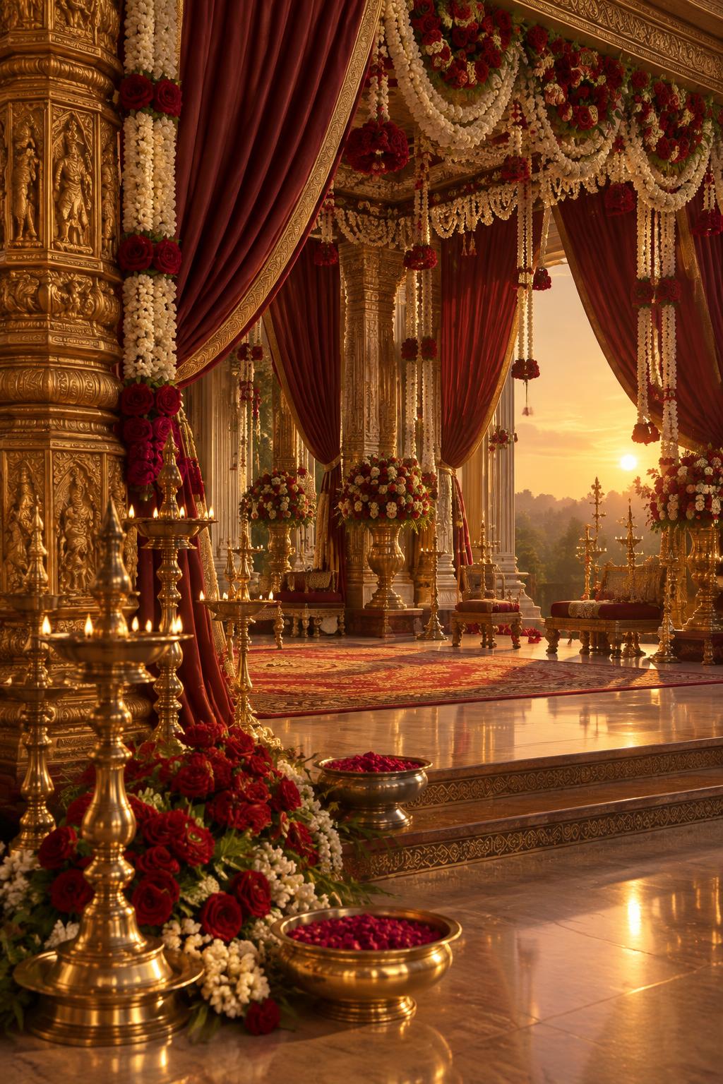 Ornate South Indian wedding hall at golden hour