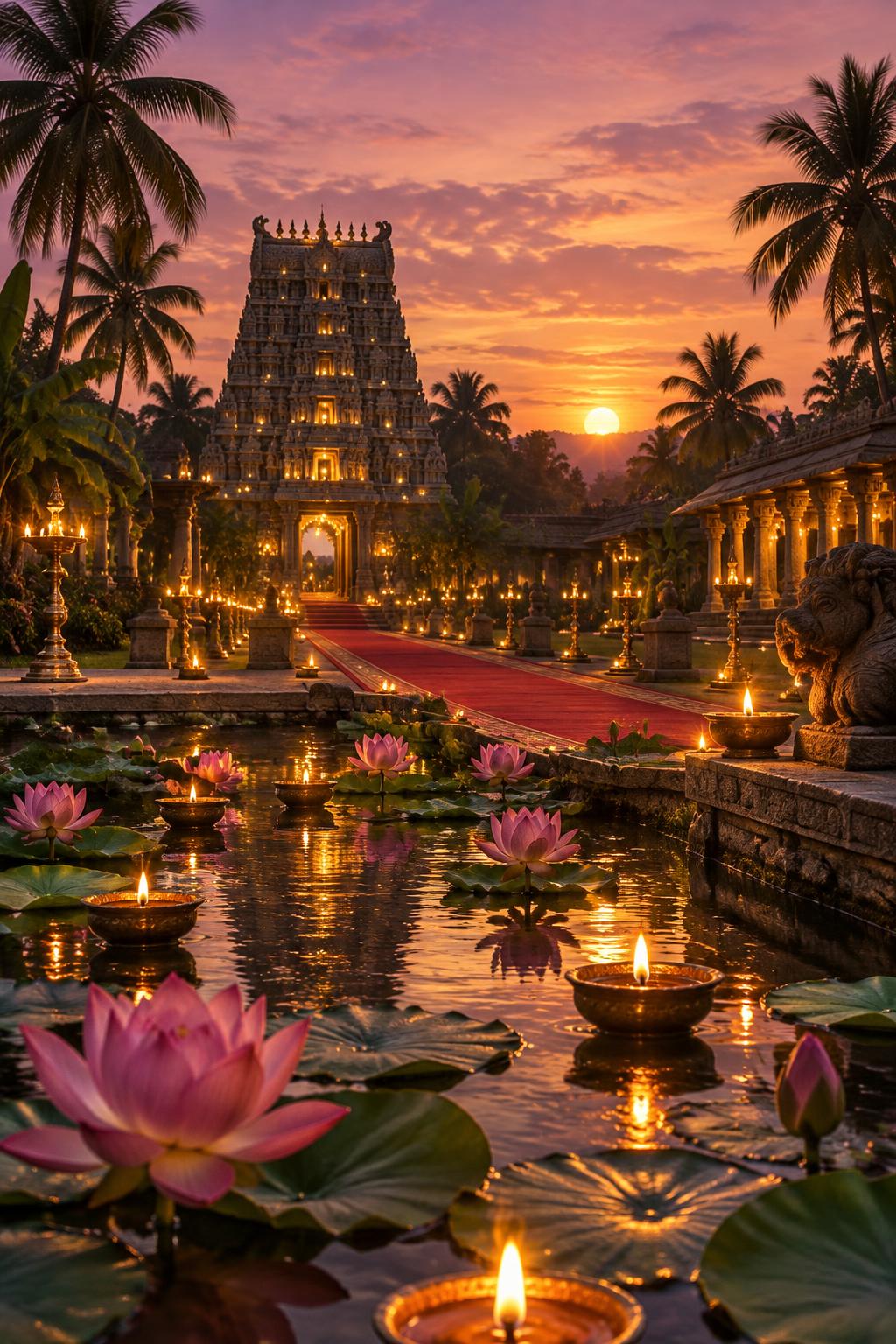 Lotus pond before a lit gopuram at dusk