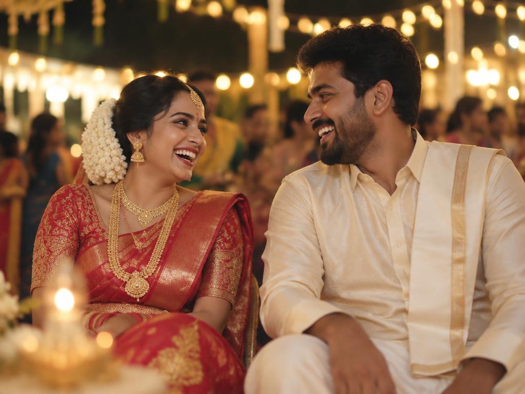 Laughing under golden lights