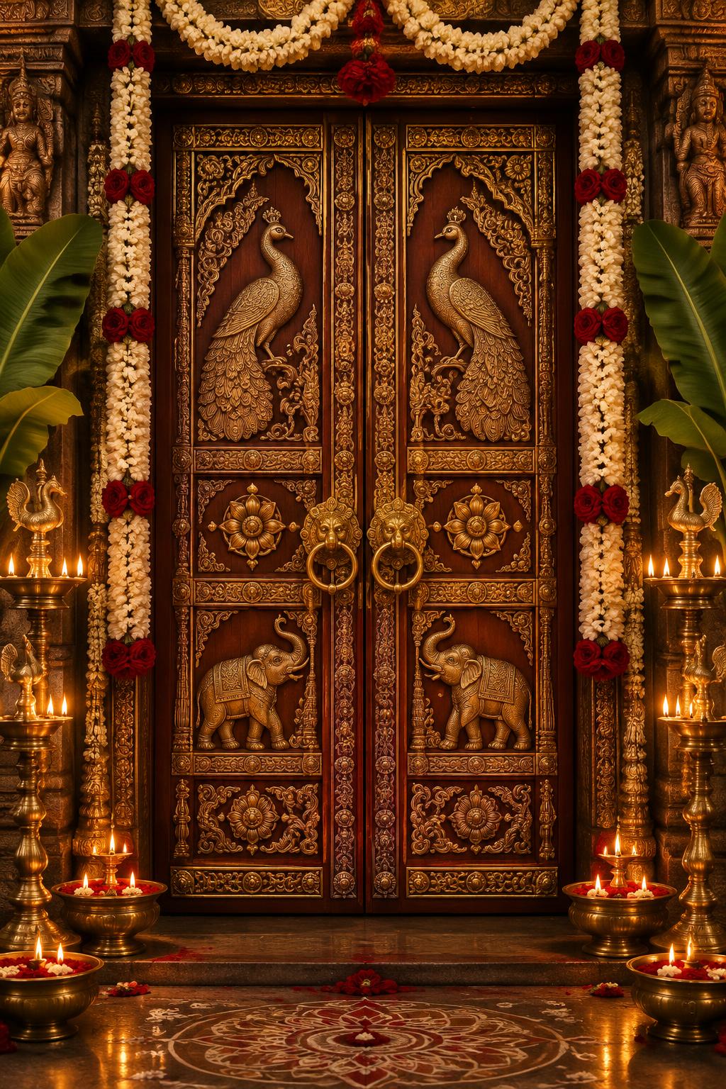 Carved maroon temple door